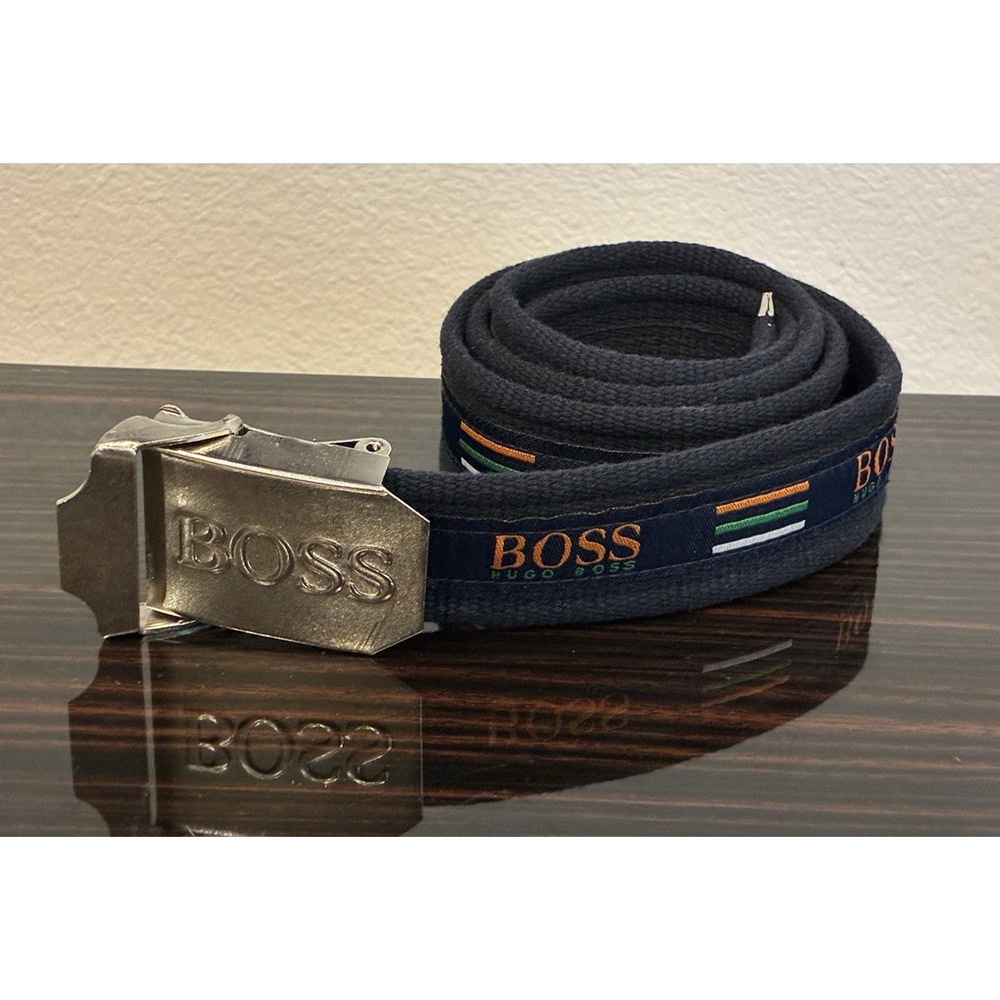 Vintage BOSS Hugo Boss Woven Web Belt Navy Embroidered Logo Silver Buckle